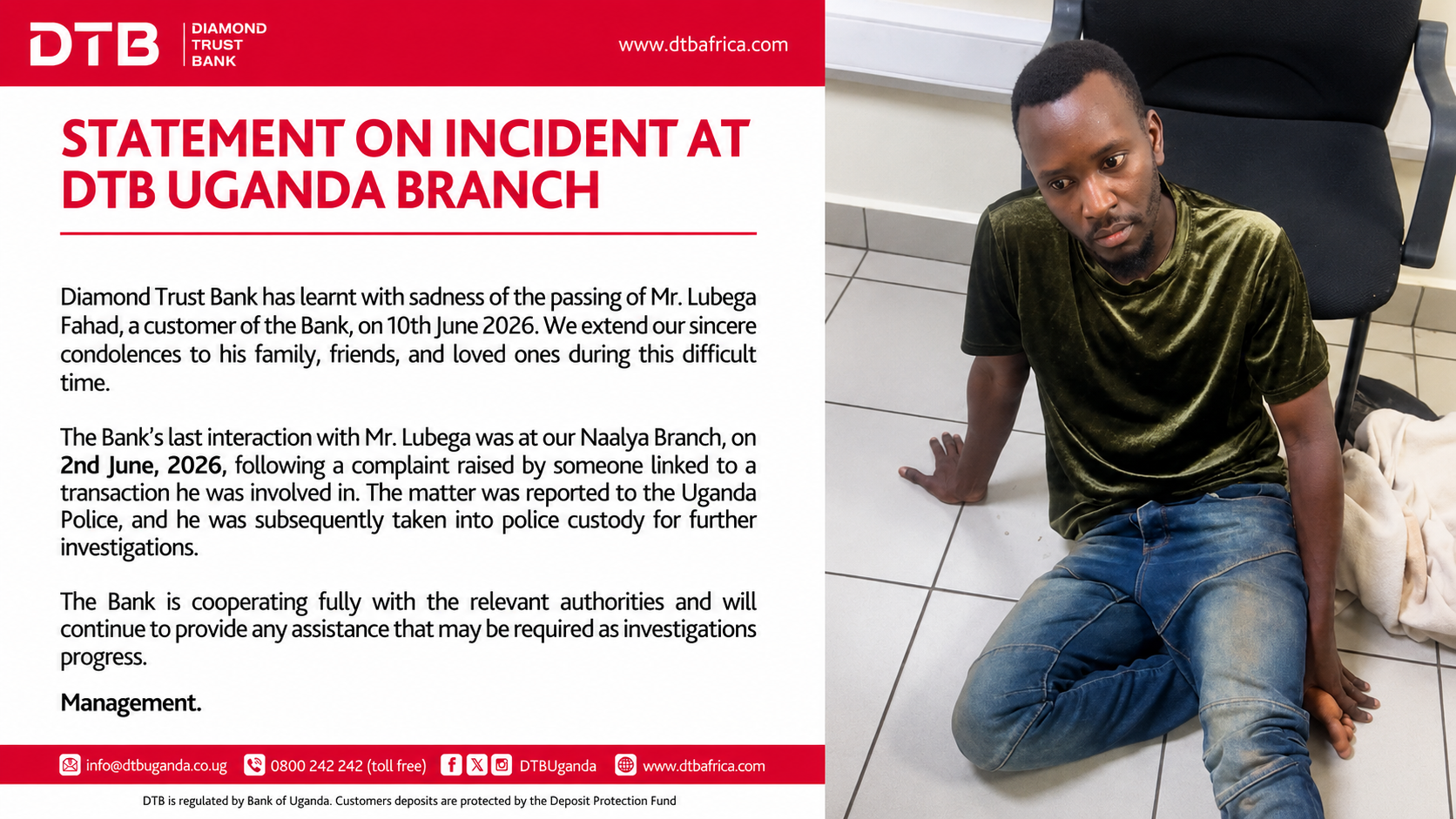 DTB BREAKS SILENCE AS CUSTOMER Lubega Fahad Dies After Police Custody
