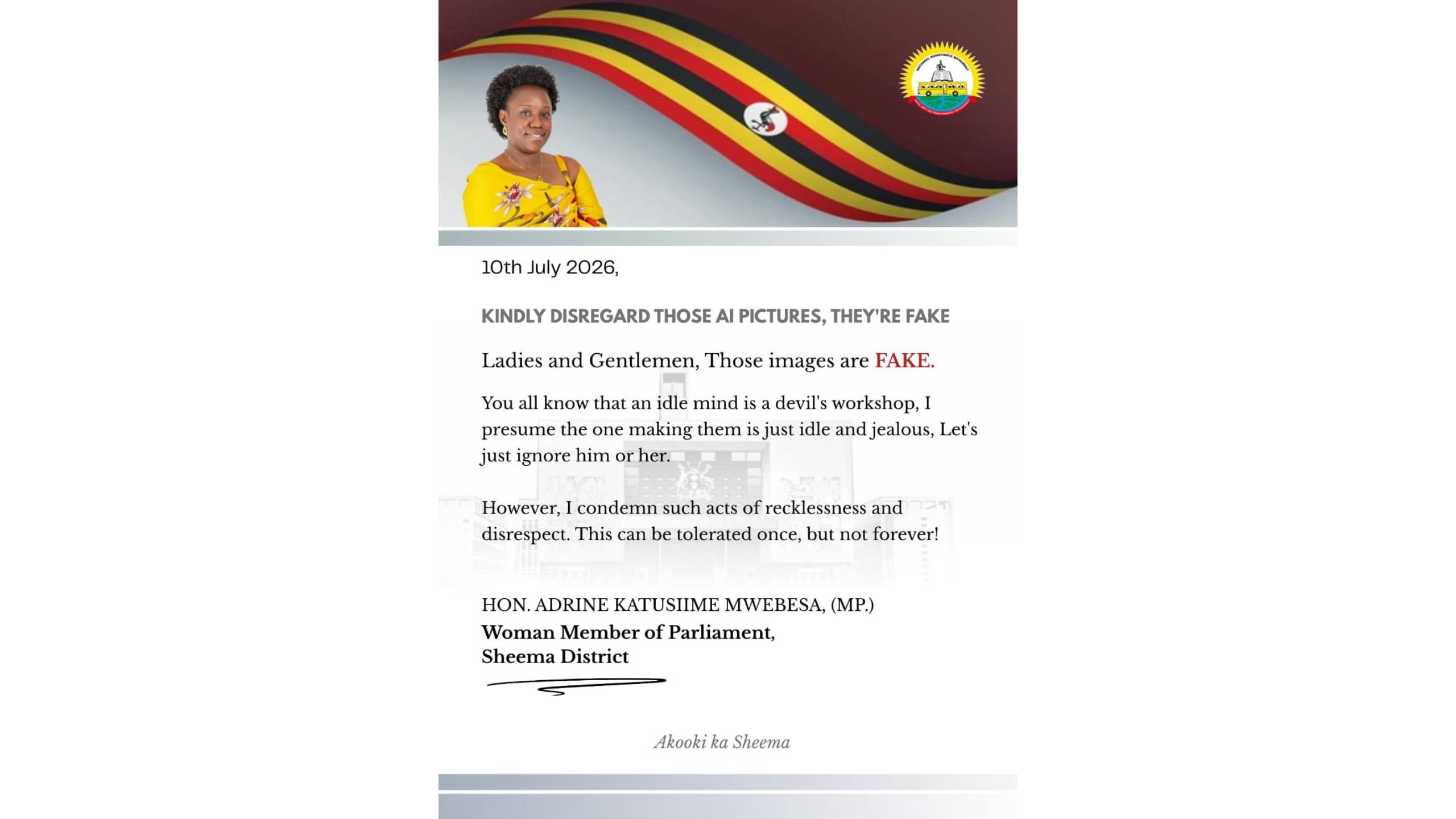 Sheema Woman MP Adrine Katusiime Mwebesa Dismisses Viral AI Images as Fake