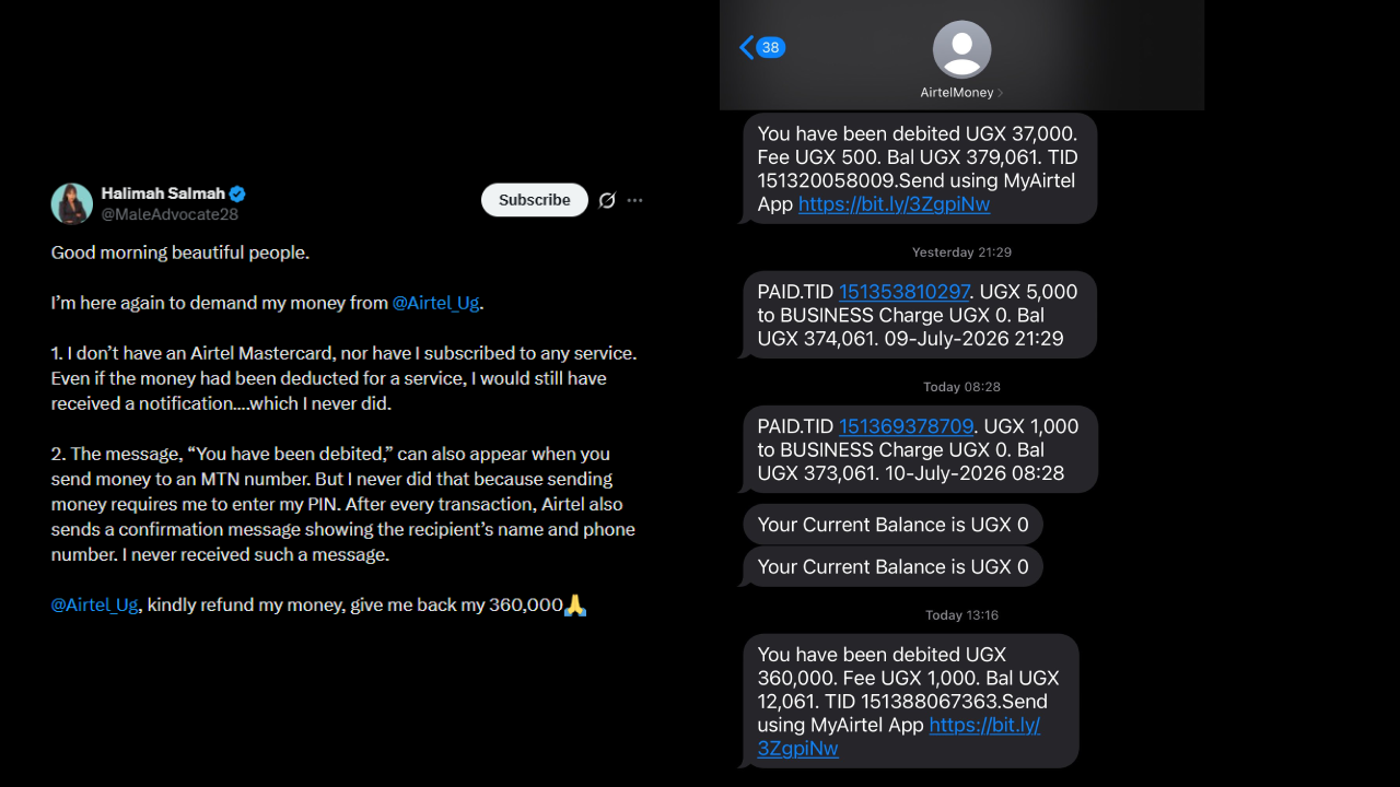Woman Seeks Answers After Alleged Unauthorized UGX 360,000 Airtel Money Transfer
