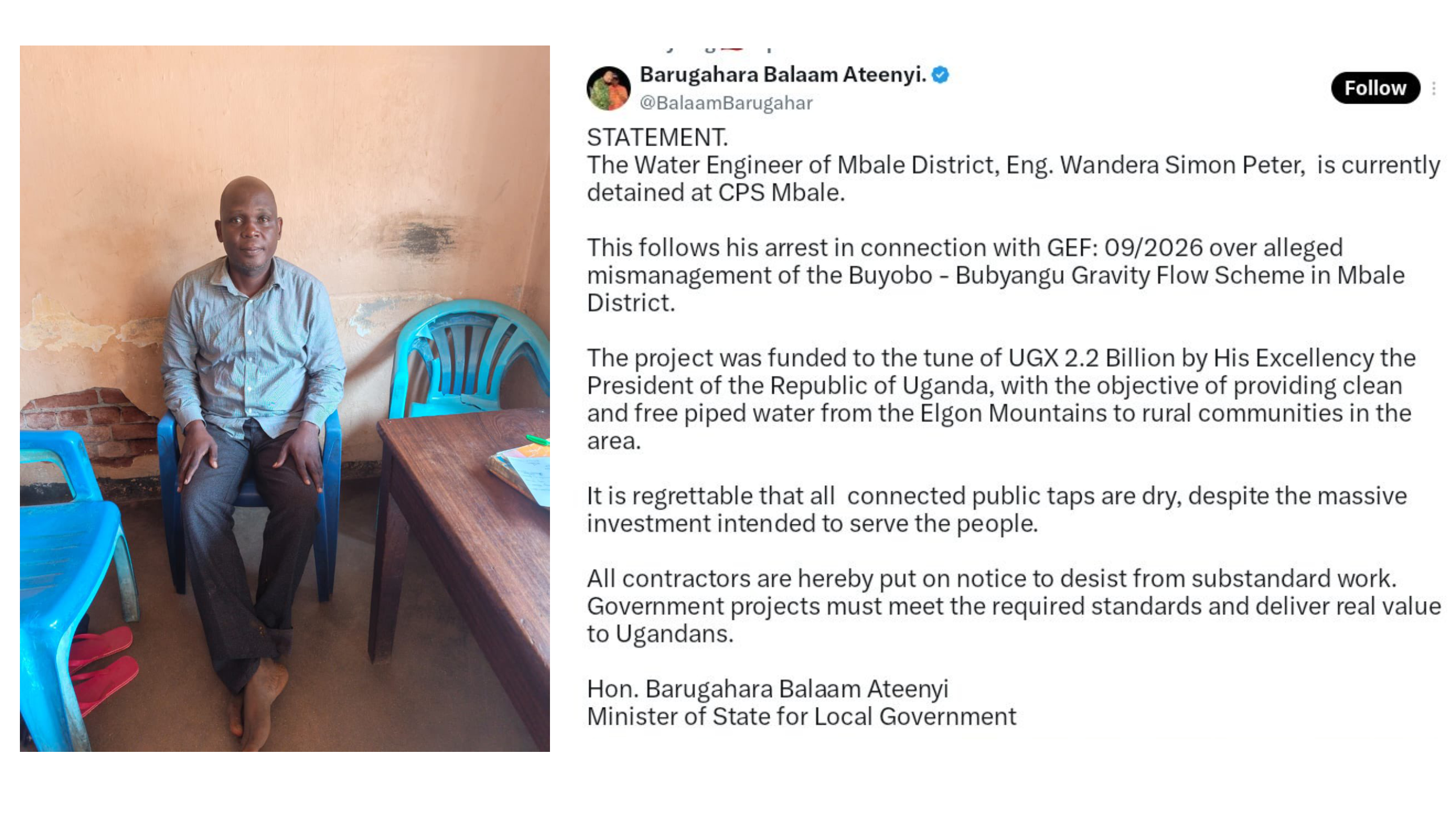 Mbale Water Engineer Arrested as UGX 2.2 Billion Gravity Water Project Leaves Communities With Dry Taps