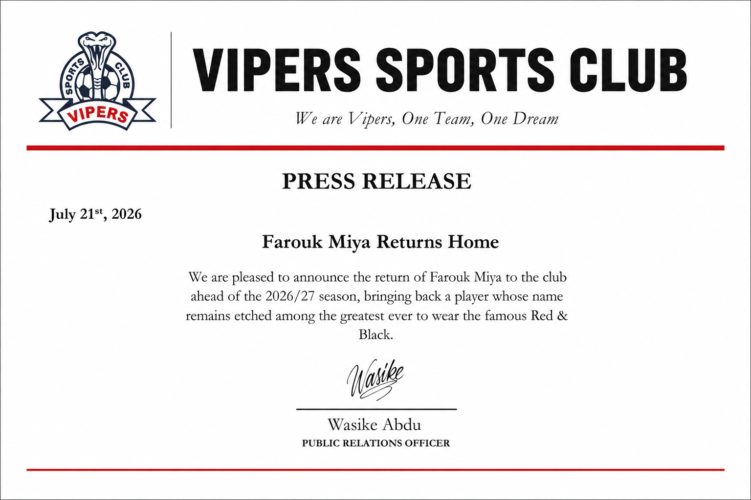 Farouk Miya Returns Home! Uganda Cranes Star Rejoins Vipers SC