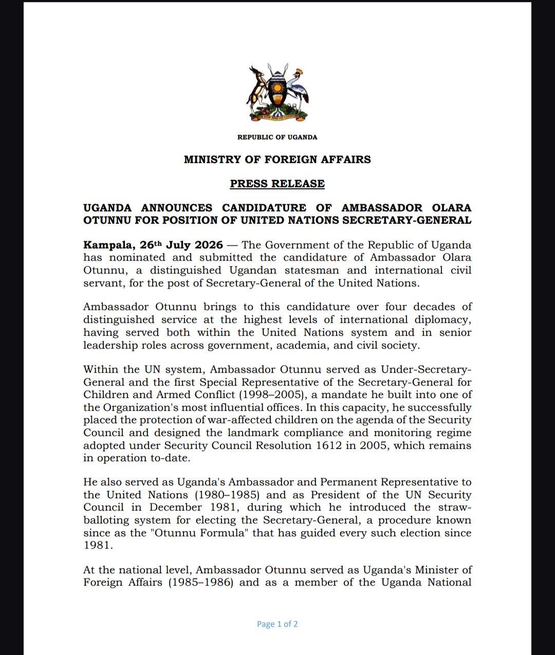 Uganda Officially Nominates Ambassador Olara Otunnu for United Nations Secretary-General