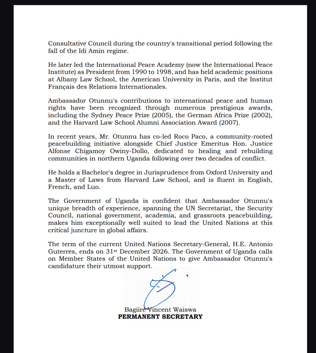 Uganda Officially Nominates Ambassador Olara Otunnu for United Nations Secretary-General