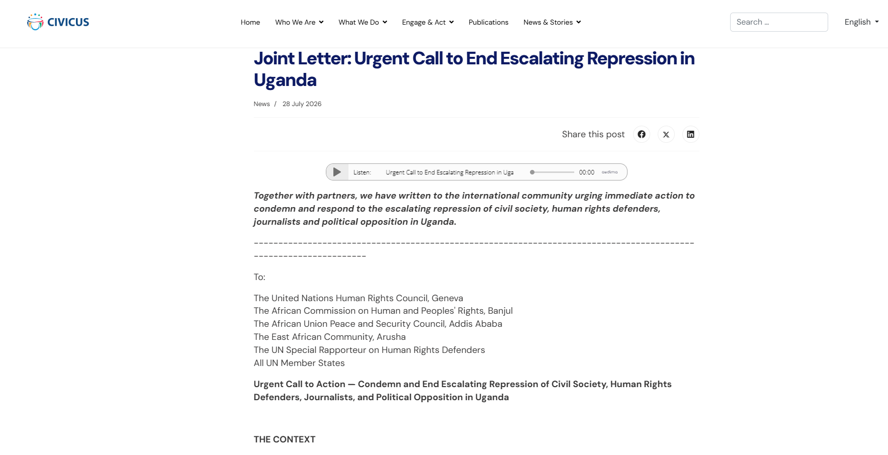 Bobi Wine Hails Global Rights Letter as 246 Civil Society Groups Urge International Pressure on Uganda